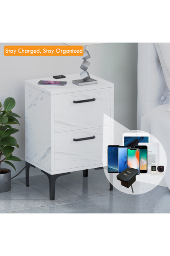 Mahmayi Modern White Marble End Table with USB Ports & Soft-Close Drawers for Home & Office