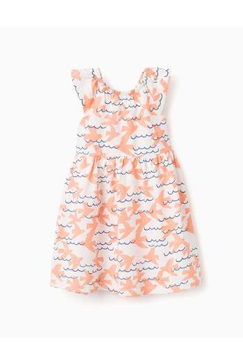 Ziddy Cotton Dress with Motif for Baby Girls, White/Multicolour