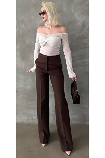 Madmext Brown High Waist Fabric Pants Mg2284