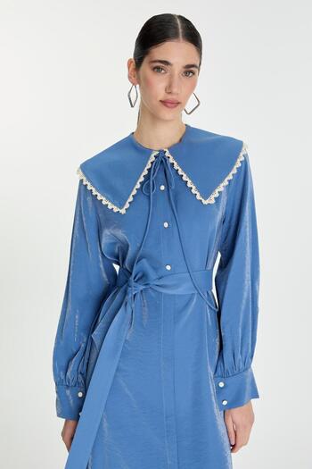 Zühre Indigo Dress with Bow Collar and Lace Detail E-0439
