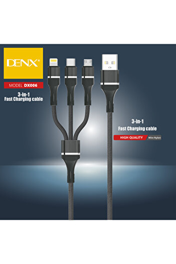 Denx 3 in 1 Cable For Fast Charging and Data Transfer 1.2CM