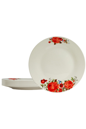 Cesiro Set of 6 dinner plates 23 cm, for 6 people, Ivoire with red rose