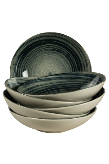 Cesiro Set of 6 deep plates, 21 cm, Whirlwind, Cesiro, Made in Romania, Ivory White with Black