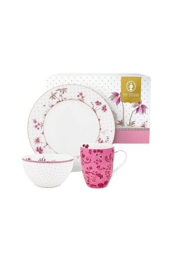 Pip Studio Breakfast set, plate, bowl and mug, porcelain, Pip Studio, Pink, Jolie collection
