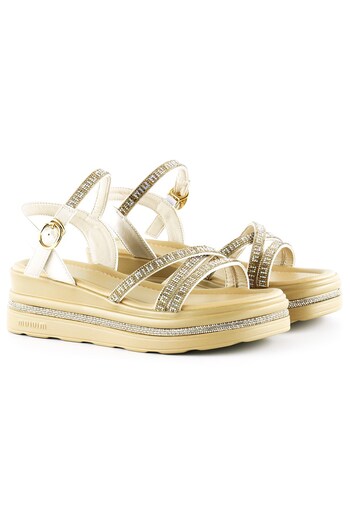 Erkan Saçmacı Beige Satin Gold Crystal Stone Platform Sandals