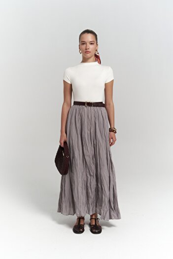 BOHEMAİ Jayla Crinkle Detail Long Gray Skirt