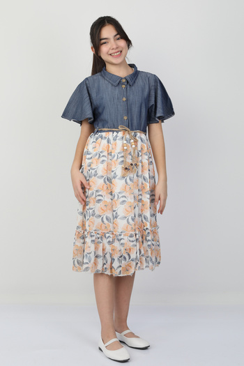 e-çocuk Flower Printed Girl's Denim Dress 26105