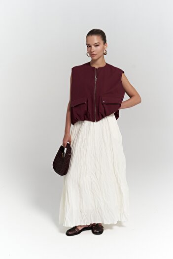 BOHEMAİ Jayla Crinkle Detail Long Ecru Skirt
