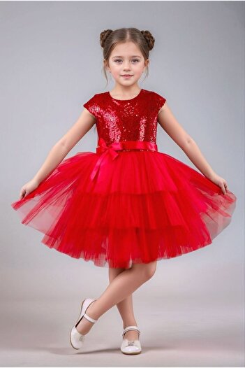 ABİYEKİDS Red Sequined Catwalk - Children's Evening Dress and Show Party Dress