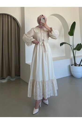 Modamorfo Bebe Yaka Yarım Düğmeli Fistolu Elbise  -Bej