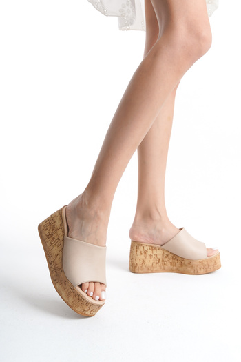 bolemo Beige Women's Wedge Heel Slippers