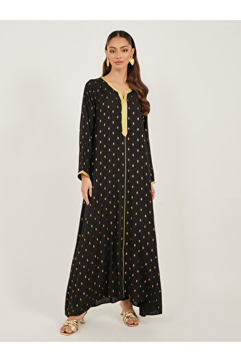 Styli Foil Print Lace Detail Satin Jalabiya with Belt