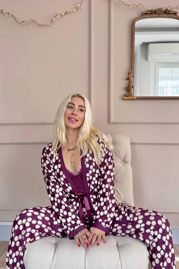 Pijamaevi Purple Daisy Exclusive Women's Pajama Set with Knitted Dressing Gown