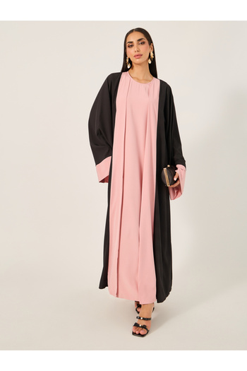 Take Two By Styli Color Block Abaya with Round Neck Inner Dress Set