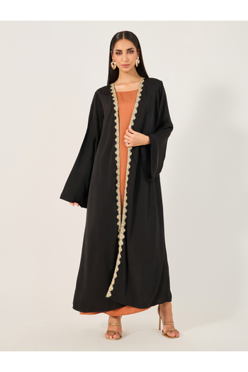 Take Two By Styli Solid Lace Detail Abaya with Round Neck Sleeveless Inner Dress Set