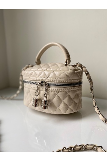 RBH Rofo Boutique Shiny Mini Box με λουράκι αλυσίδας και κλείσιμο με φερμουάρ Γυναικεία τσάντα χεριών και ώμου Luna Beige