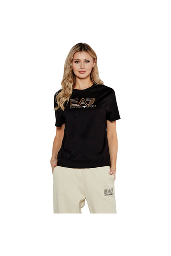 EA7 Women's 100% Cotton Round Neck Breasted Ea7 Embossed Logo Short Sleeve Black T-Shirt 7W 000098   Af1