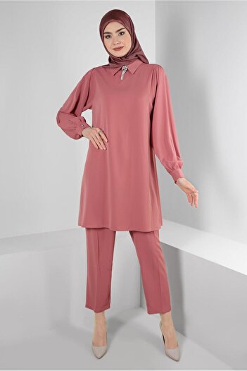 Alvina SHIRT COLLAR STONE DETAILED PANT SUIT 43587