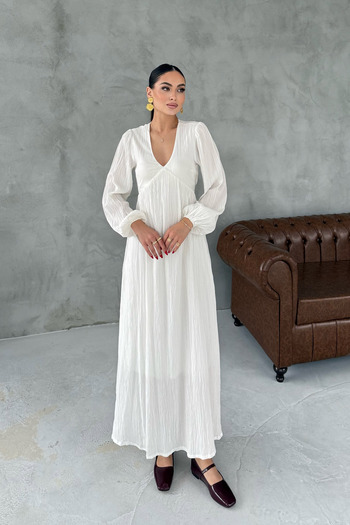 Seda Yalçın Atelier Ecru Seersucker V-Neck Long Dress