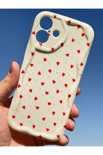 Fibaks Case for iPhone 16 Plus Silicone Cover with Wave Edge Red Heart Pattern with Camera Protection