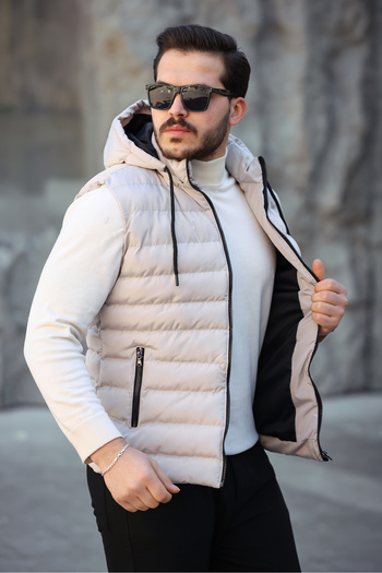 Mero Life Men's Beige Standard Fit Detachable Hooded Zippered Puffer Vest with Pockets