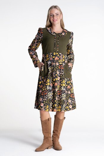 Eliş Şile Bezi Long Sleeve Flannel Spring Branch Midi Length Autumn and Winter Dress Khaki Hk