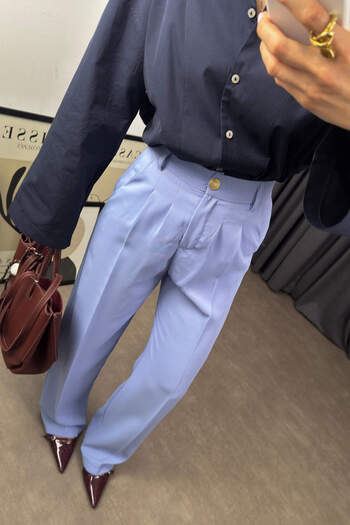 Sue Store Baby Blue High Waist Elastic Waist Pleated Trousers