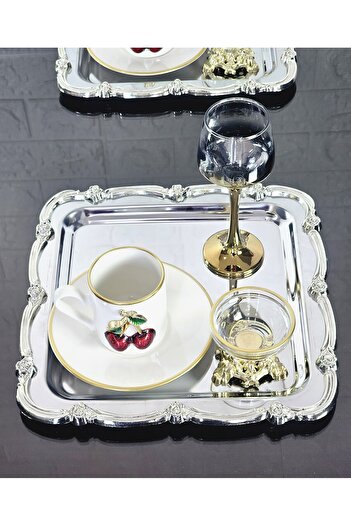 atabey home collection 2 ADET Sunum Tepsisi & Kahve & Çay Tepsisi- Gümüş Tepsi Döküm Gümüş Gül Çerçeveli