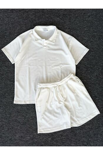 Altamira Men's White Honeycomb Polo Neck T-Shirt Shorts Set