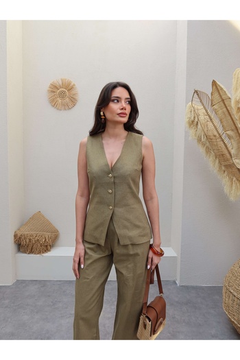 ESRAHELVACI Gold Button Detailed Linen Vest Trousers Set