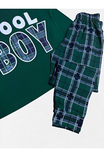 Fil Kids Erkek Çocuk %100 Pamuklu Cool Boy Desenli Altı Ekose Yeşil Uzun Kollu Mevsimlik Pijama