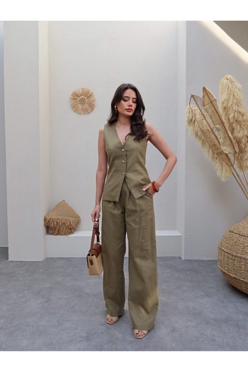ESRAHELVACI Gold Button Detailed Linen Vest Trousers Set