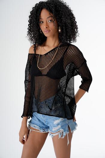 CHUBA Women's Wide Fit V-Neck Openwork Transparent Knitwear Blouse Black 24S154