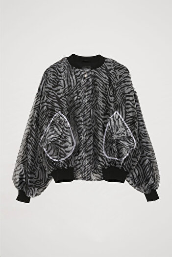 Quzu Black Tulle Bomber Jacket - Zebra Pattern and Pocket