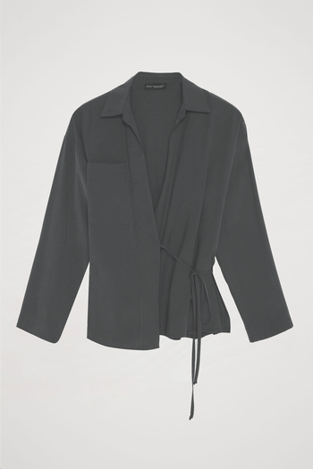 Quzu Anthracite Pocket Detailed Tie up Blouse