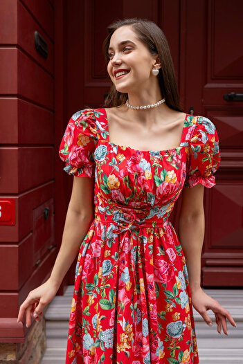 Afiş Butik Red Floral Gimped Midi Dress