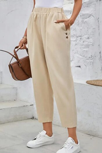 Mossta Beige High Waist Pocket Crepe Trousers