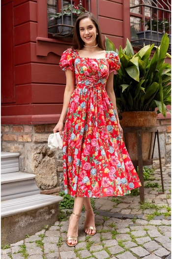 Afiş Butik Red Floral Gimped Midi Dress