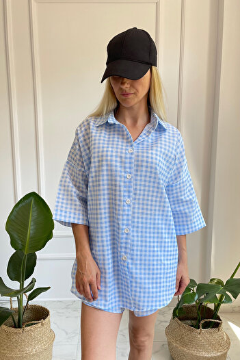 EYYE Light Blue White Gingham Shirt Shorts Women's Bottom Top Set