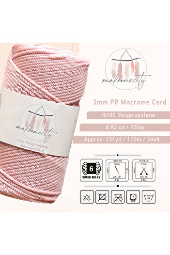 Makromecity Premium 250 gr 3mm Polyester Makrome Ipi Bebe Pembe 120 M Supla Ip Ve Çanta Ipliği