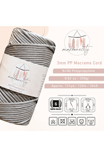 Makromecity Premium 250 gr 3mm Polyester Makrome Ipi Açık Gri 120 M Supla Ip Ve Çanta Ipliği