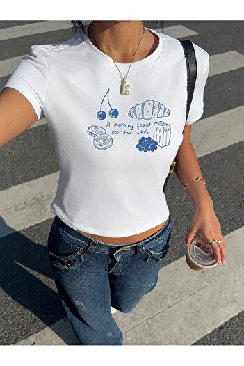 EVIus Women's Breakfast Printed Tee Crop Shoes