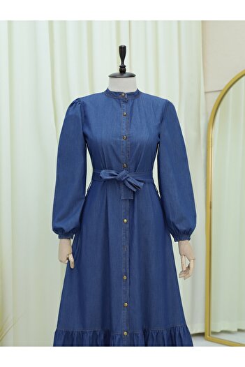 Modamorfo Buttoned Skirt with Ruffles Denim Dress -Indigo
