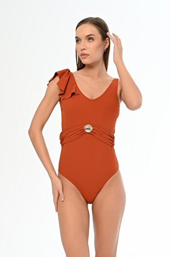 AQUAVİVA Aquaviva Women's Cinnamon Annabella One Shoulder Flywheel Detailed Belted Swimsuit