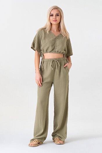 Fashion Showcase Muslin 100% Natural Cotton Elastic Waist Wide Leg Trousers - Green