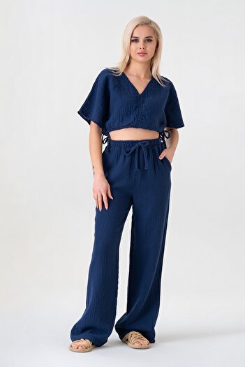 Fashion Showcase Muslin 100% Natural Cotton Elastic Waist Wide Leg Trousers - Navy Blue