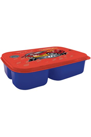Generic Plastic Race Car Printed Design Lunch Box with 3 Compartments for Kids, Blue/Red