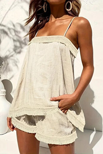 Edit by Trendyol Beige Strappy Blouse-Shorts Woven Bottom-Top Set Tedss25Au00002