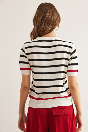 Olalook Women's White Dog Embroidery Striped Knitwear Blouse