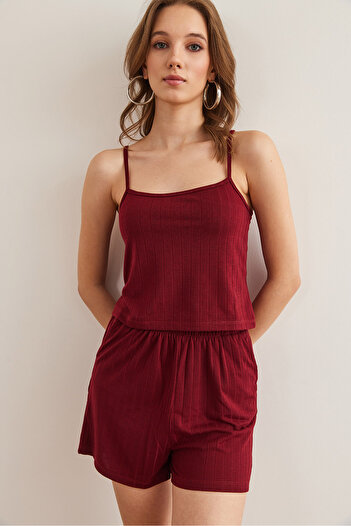 Olalook Kadın Bordo Üst Askılı Bluz Alt Cepli Şort Pijama Takım PJM-00000021